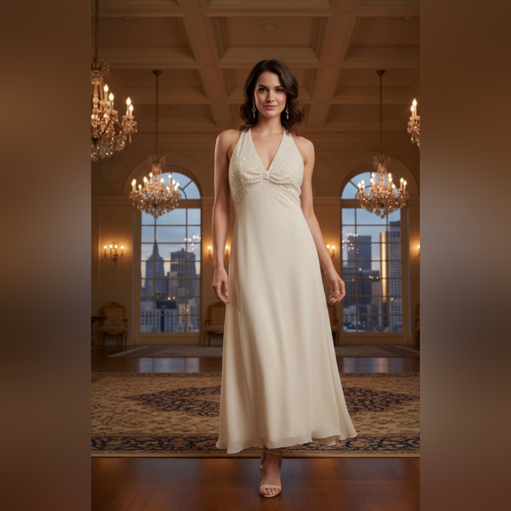 100% Silk, Cream Backless Halter Dress